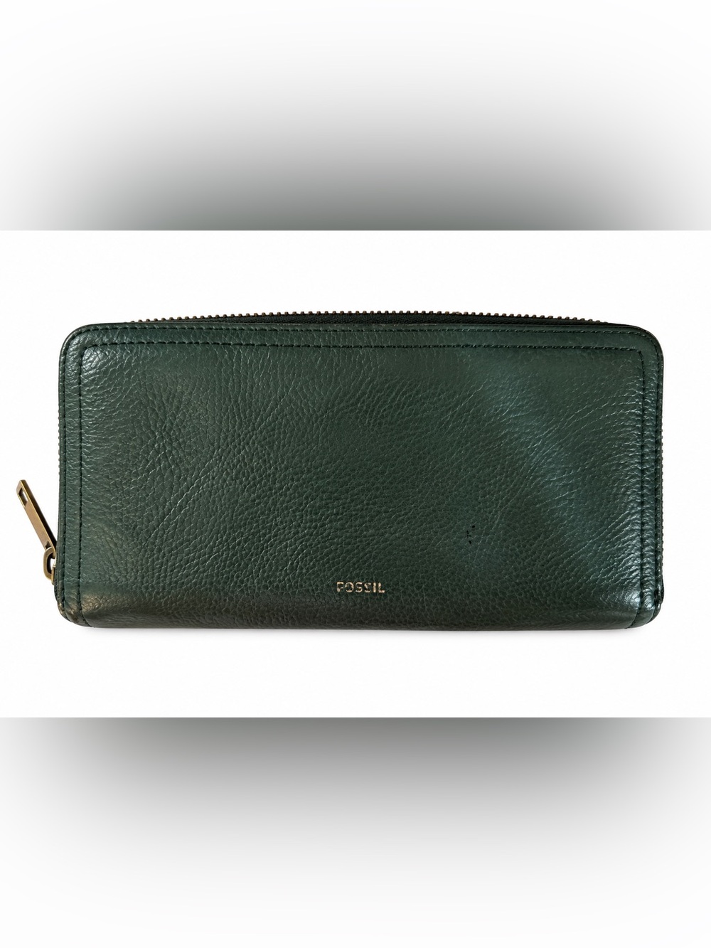 Fossil green leather wallet. Gold embossed logo, several pockets. Zip close.